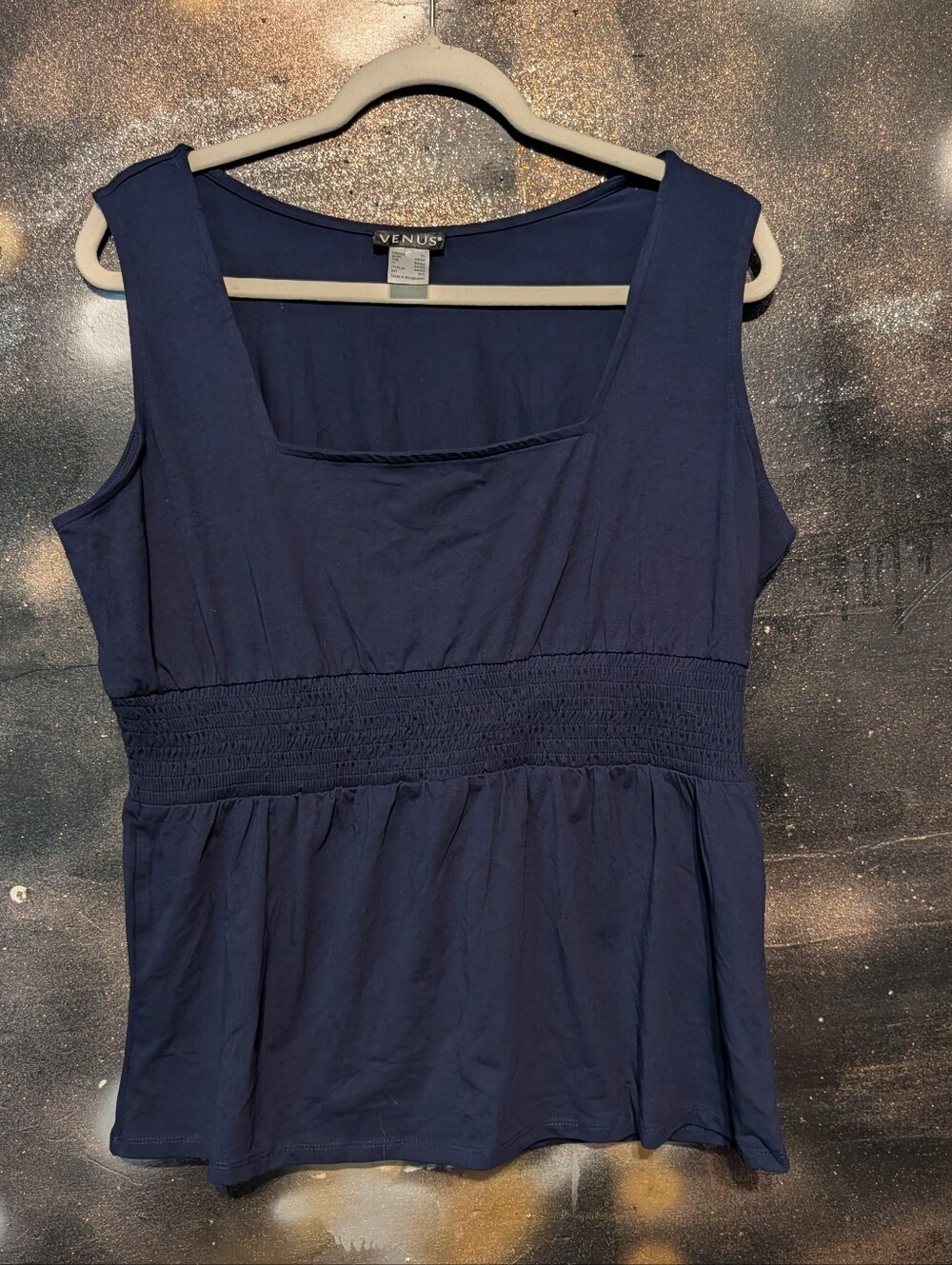 VENUS Navy Smocked-Waist Sleeveless Tank